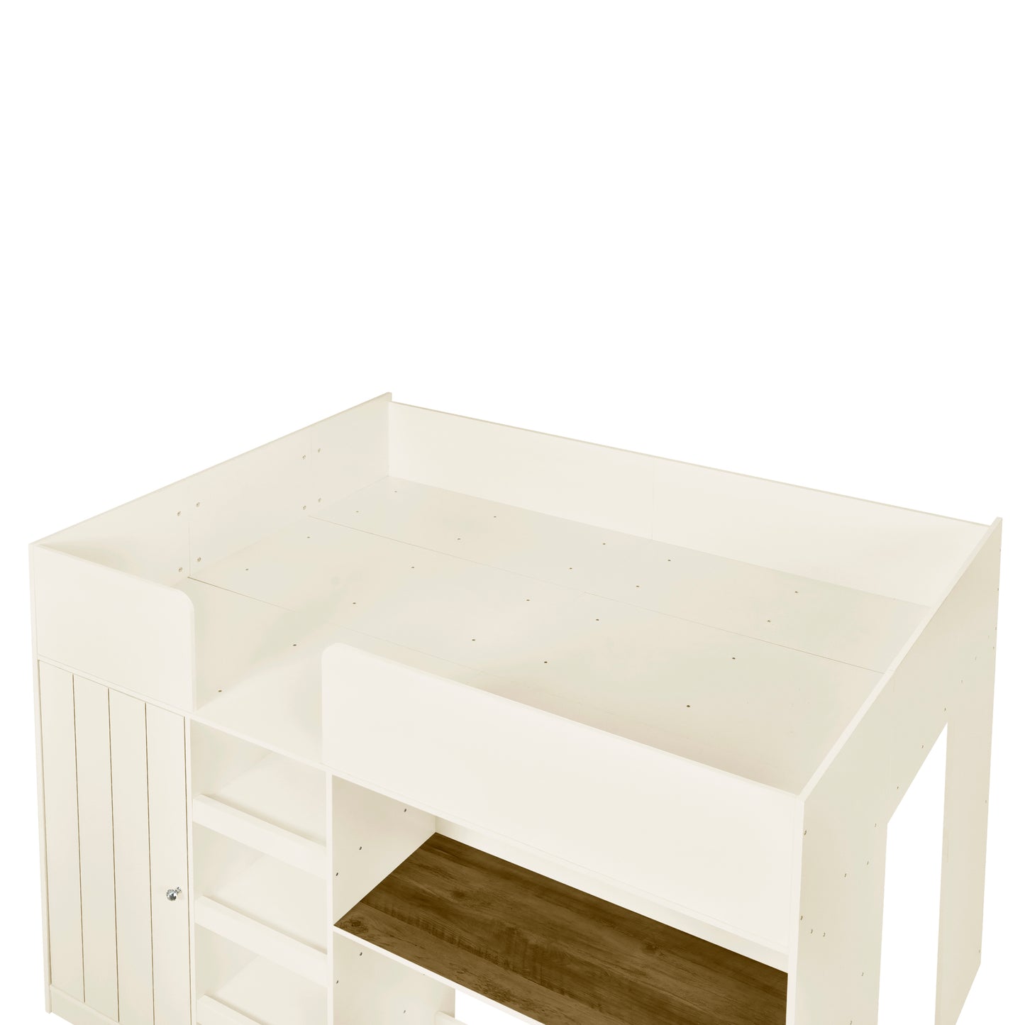 White wooden loft bed frame with integrated shelving and closet