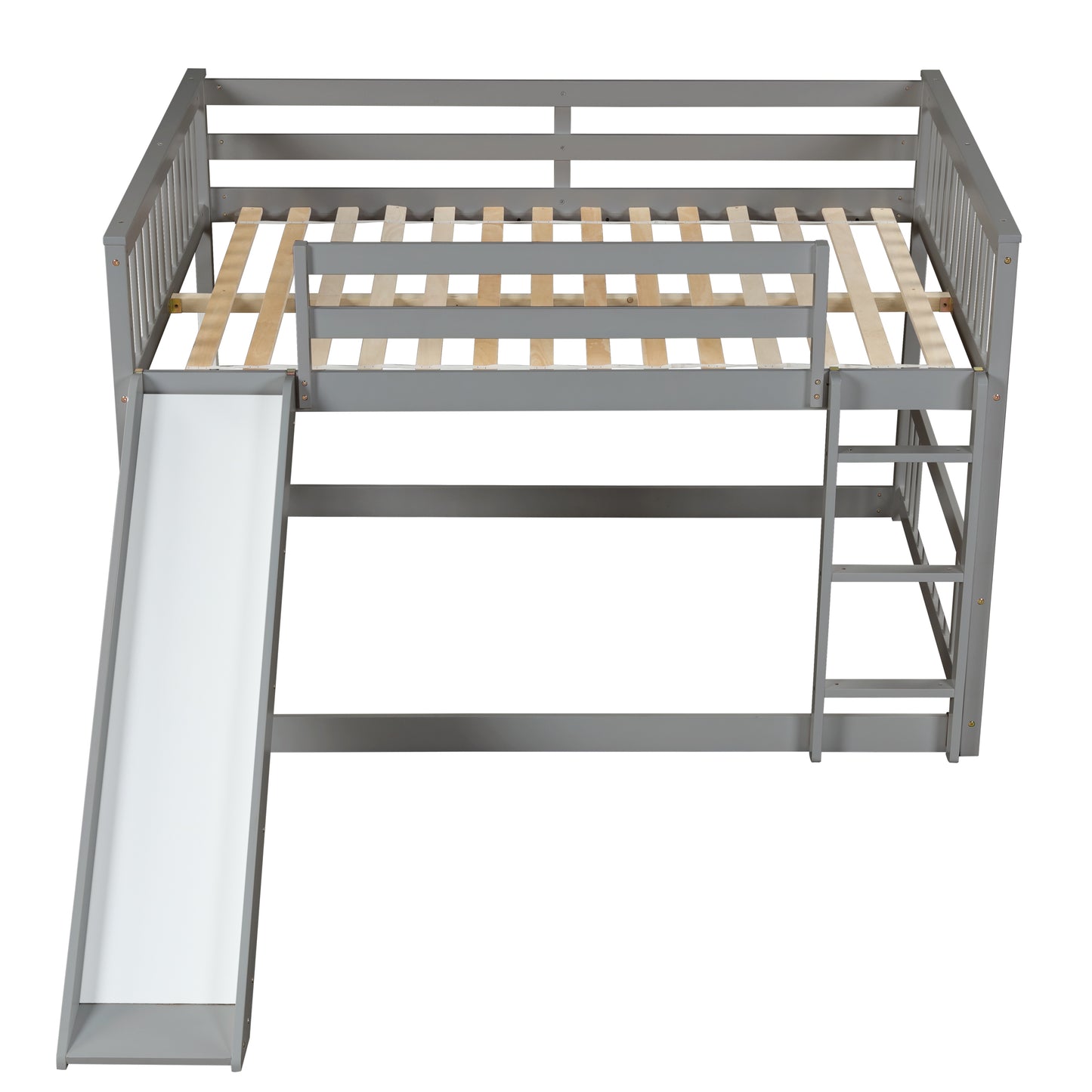 Grey wooden loft bed with slide and ladder
