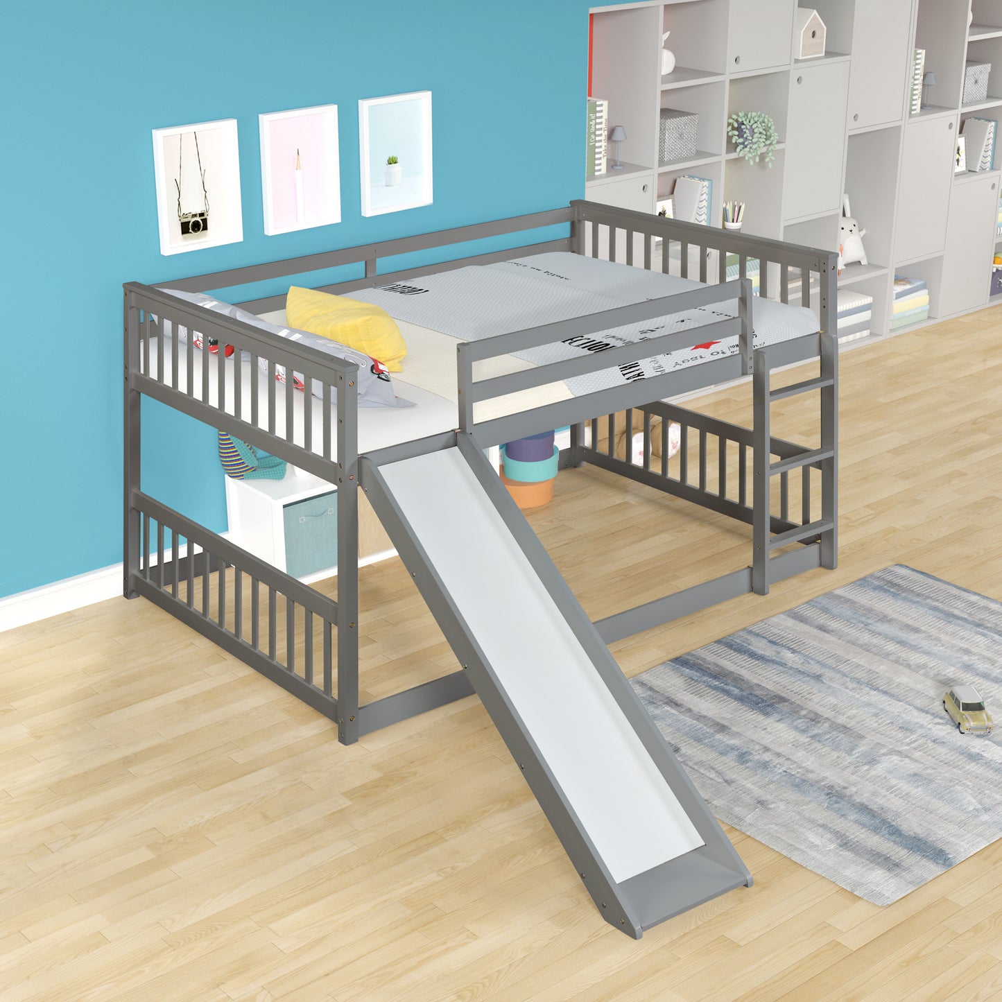Gray wooden loft bed with slide and patterned bedding