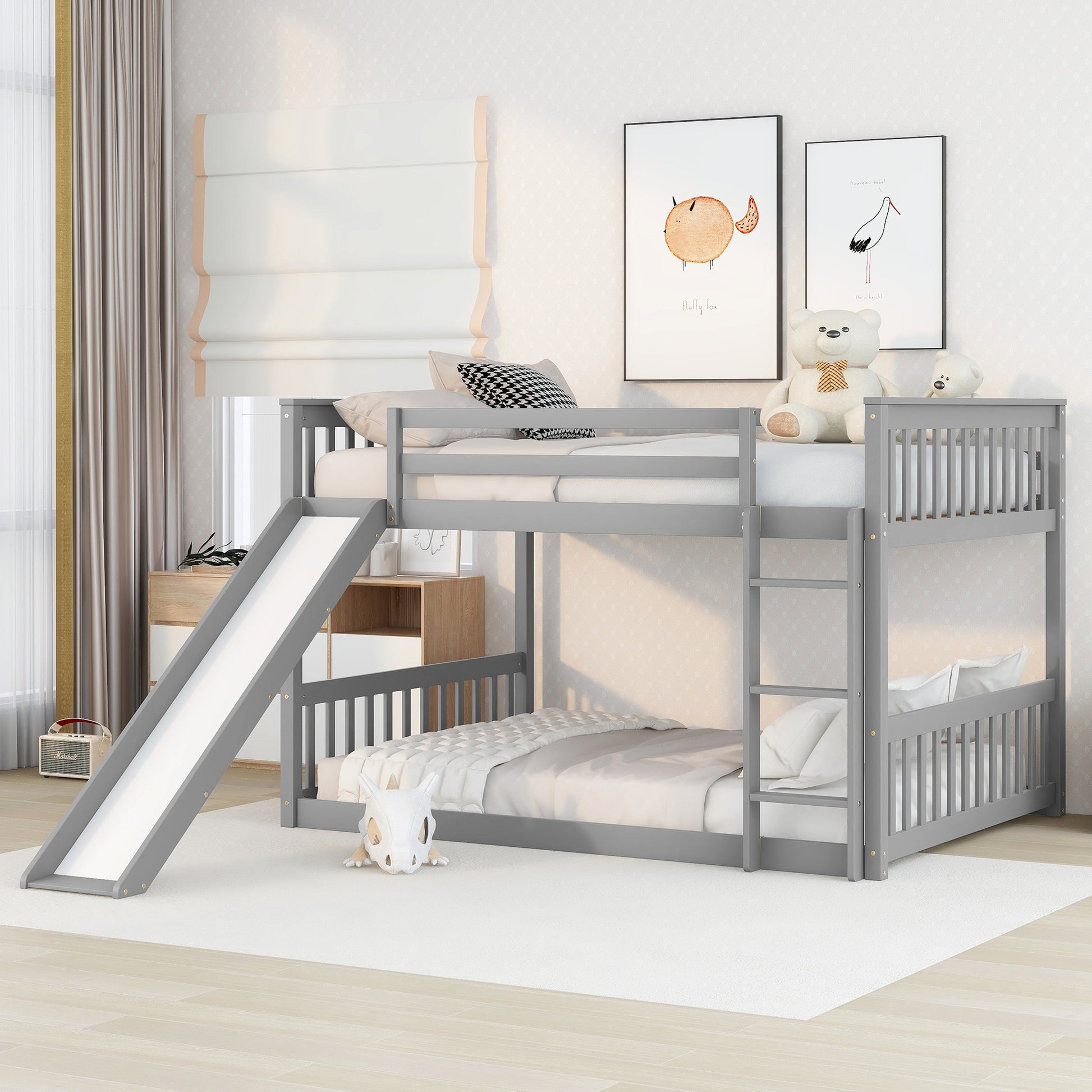 Gray wooden bunk bed with slide and ladder perfect for kids rooms