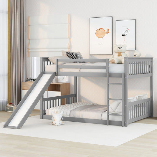 Gray wooden bunk bed with slide and ladder perfect for kids rooms