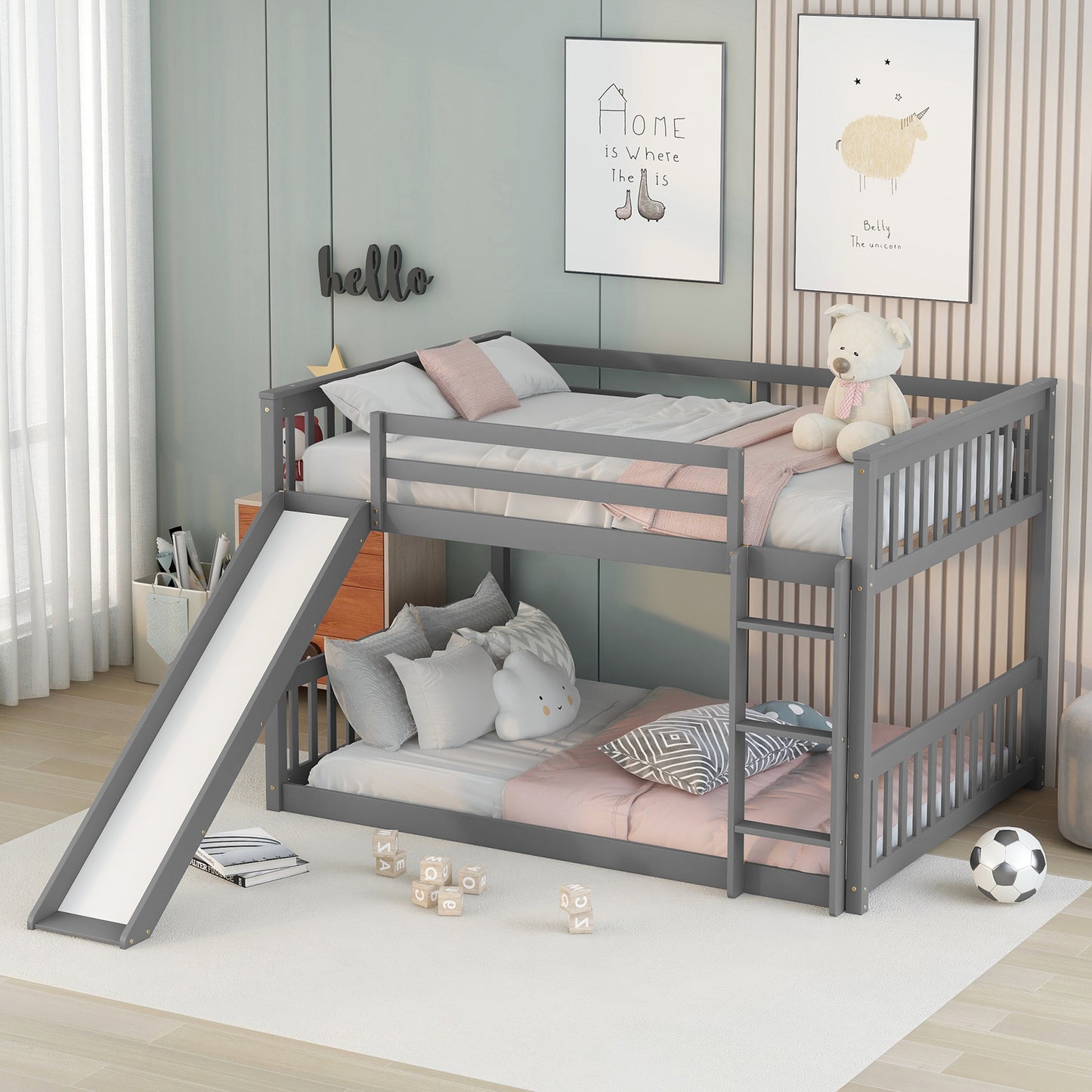 Gray twin bunk bed with slide for kids room