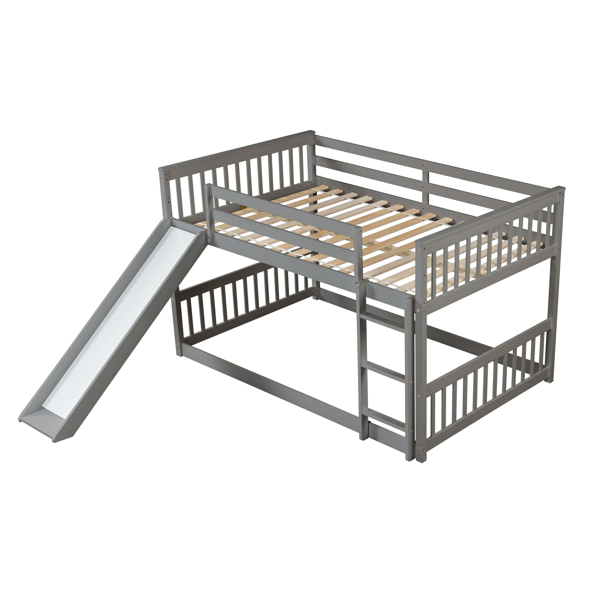 Gray wooden bunk bed with slide and ladder