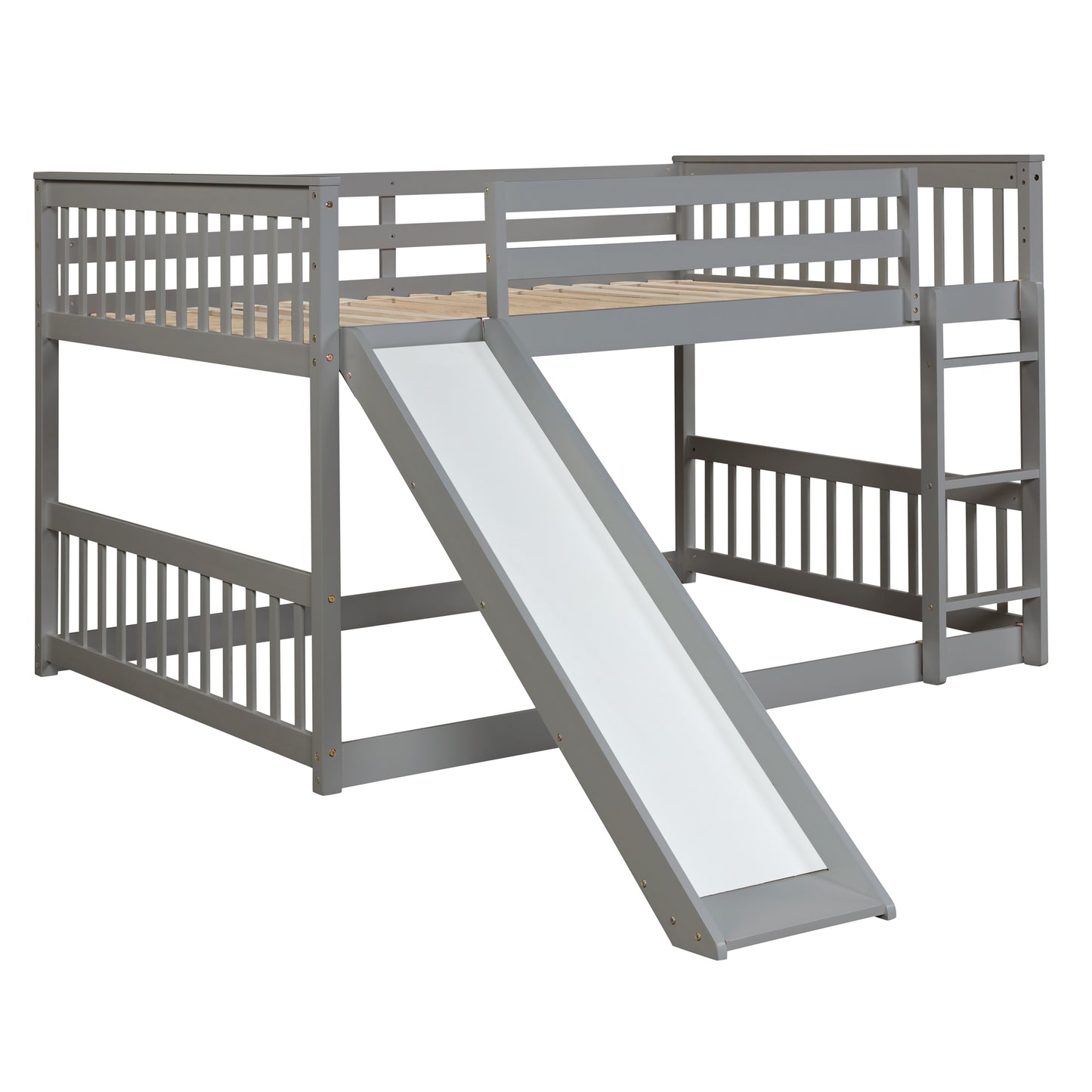 Gray wooden bunk bed with slide and ladder