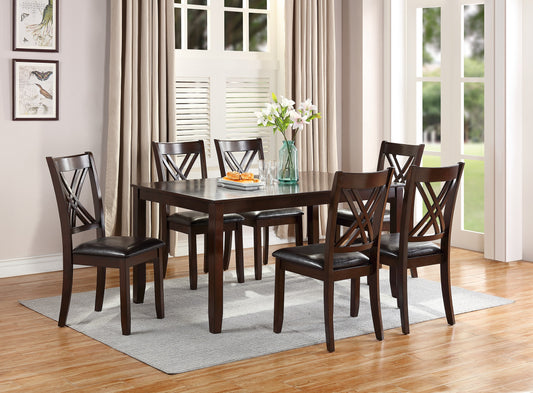 Dark brown wood dining table with faux leather chairs and Xback design