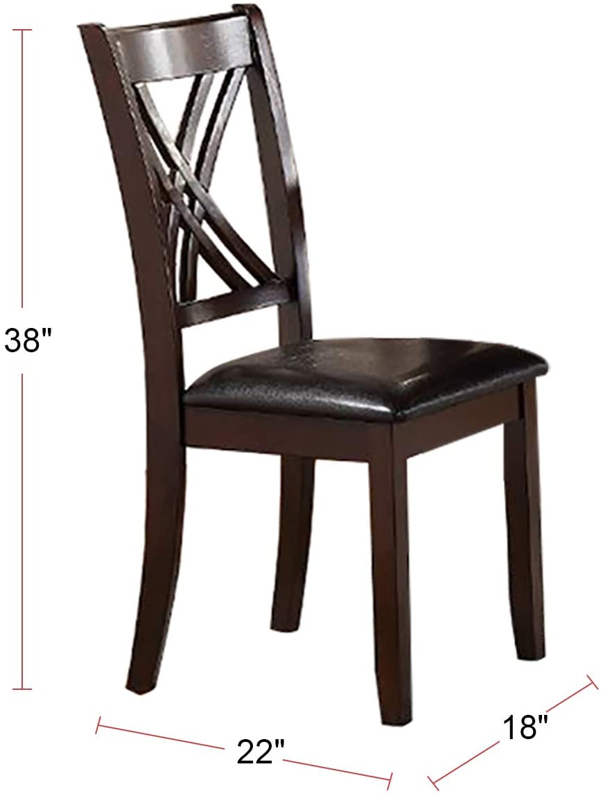Dark wood dining chair with crisscross back and black faux leather seat