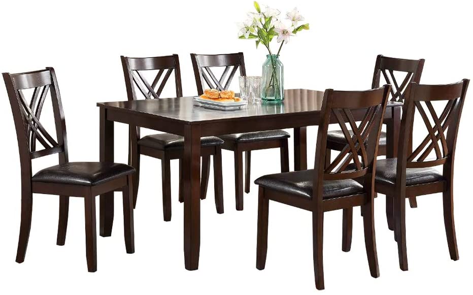 Dark brown dining table and chairs set with upholstered seats