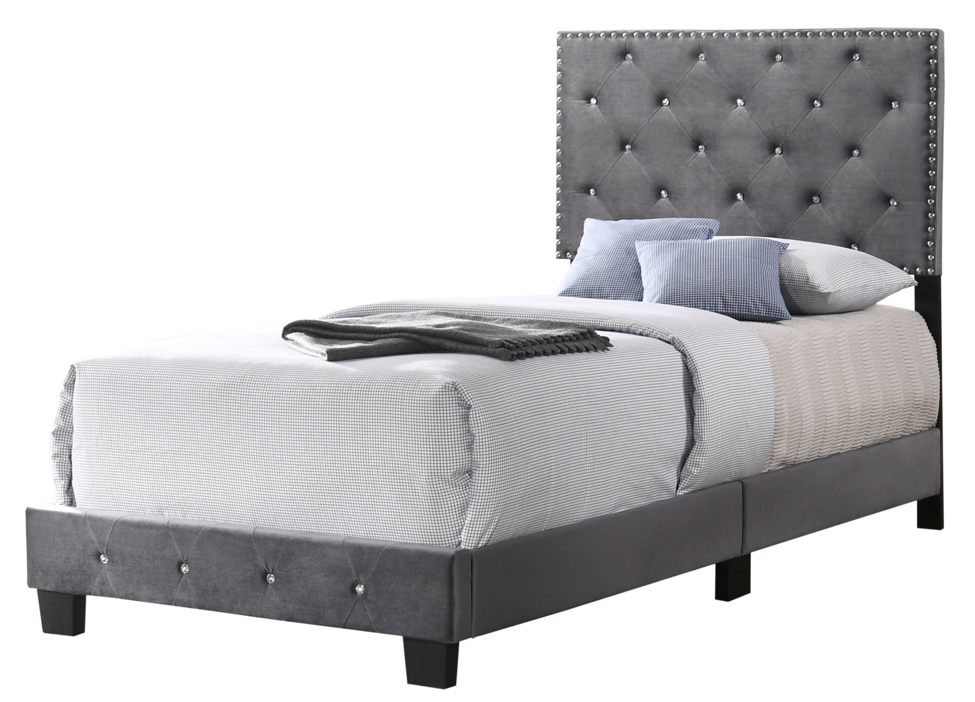 Grey velvet twin bed with crystal tufting and nailhead trim headboard