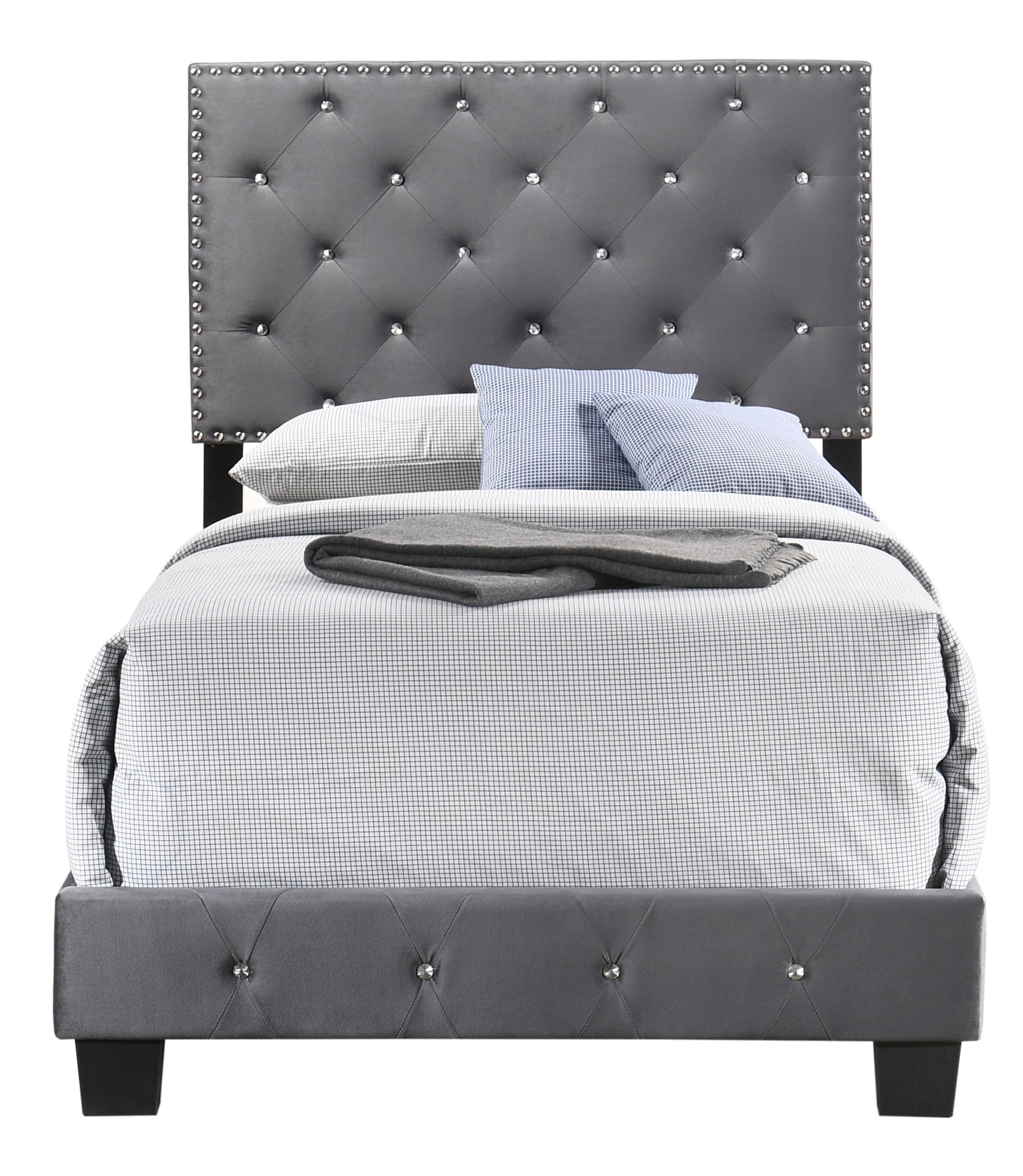 Glam tufted grey velvet bed with crystal accents and diamond stitching