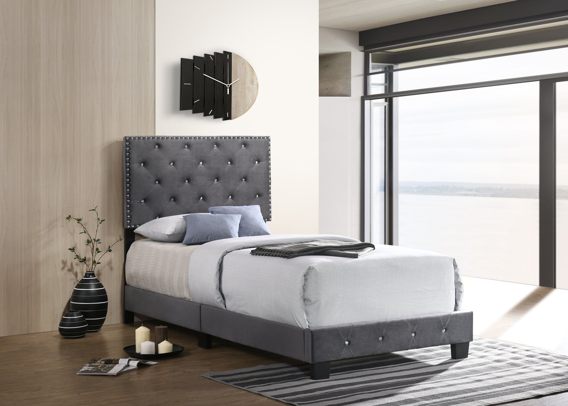 Grey velvet twin bed frame with diamond tufting and silver nailhead trim