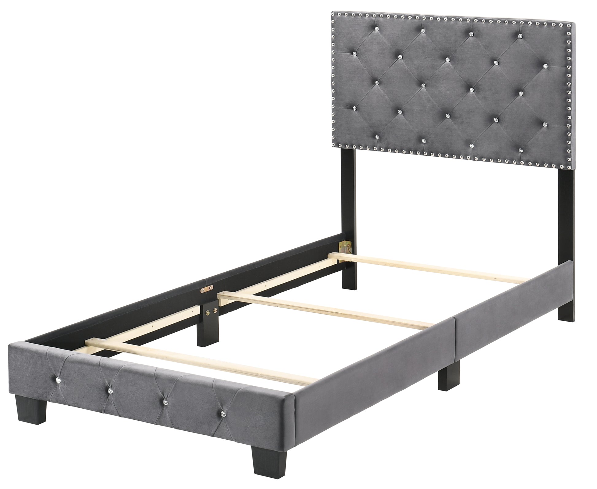 Grey velvet twin bed frame with diamond tufting and crystal buttons