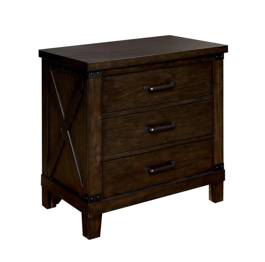 Dark wood threedrawer nightstand with Xpanel detail and industrial pulls