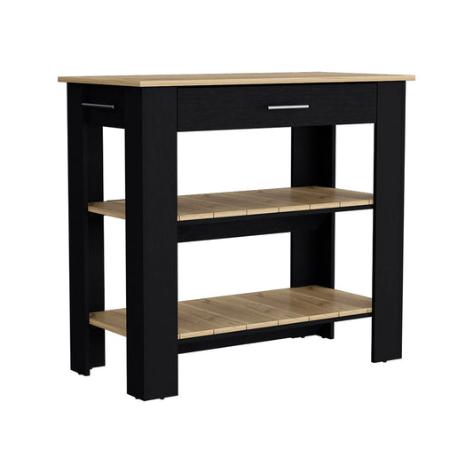 Black kitchen island with two open shelves and a drawer