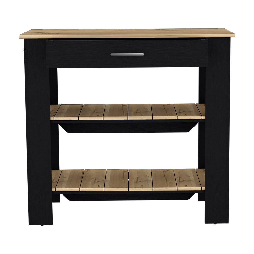 Black kitchen island cart with natural wood top and shelves