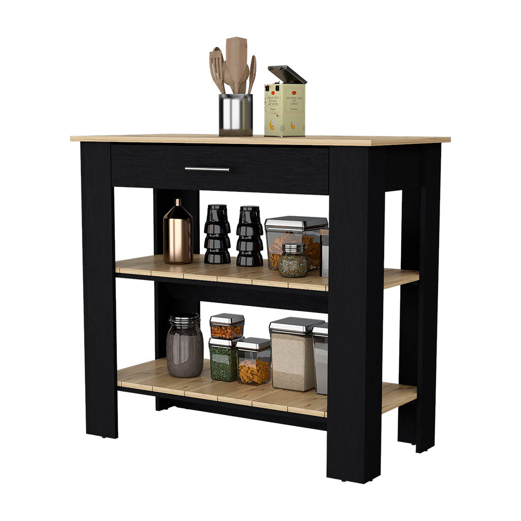 Black kitchen island with light wood top and shelves organizing pantry staples