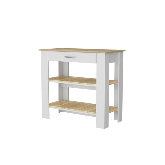 White kitchen island with natural wood shelves and a single drawer