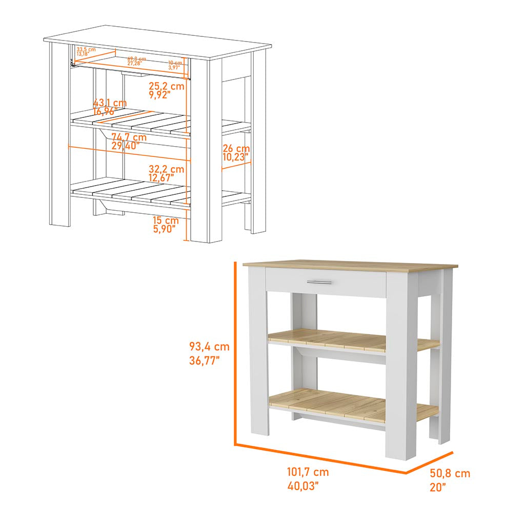White and wood kitchen island with three open shelves and a drawer