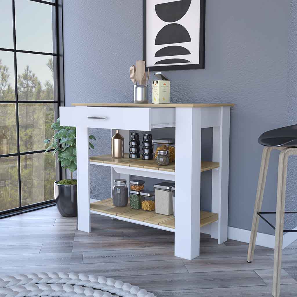 White and wood kitchen island with three shelves holding pantry items