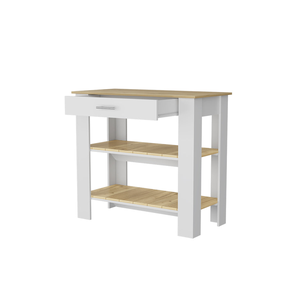 White kitchen cart with one drawer and two wooden shelves