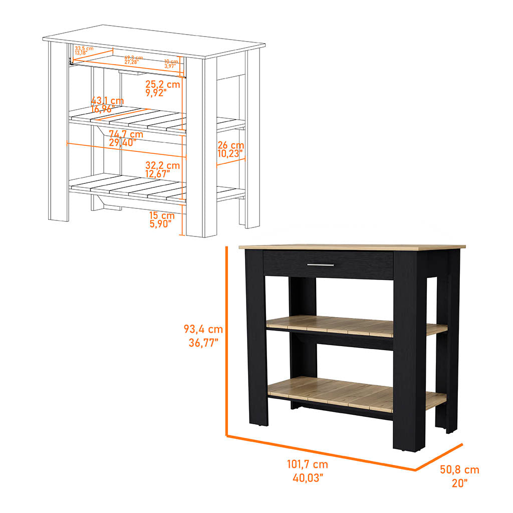Black kitchen island with a drawer and three open shelves