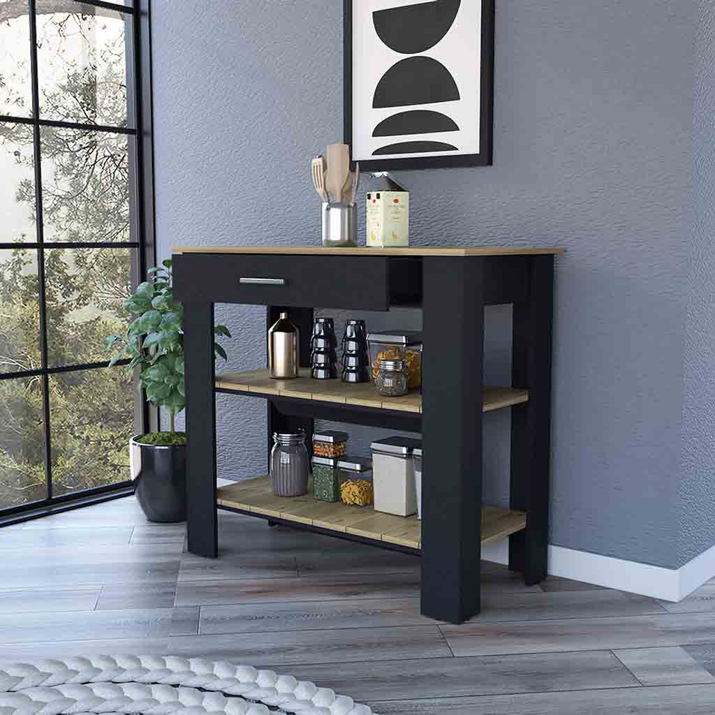 Black kitchen island cart with oak top and three open shelves holding jars and bottles
