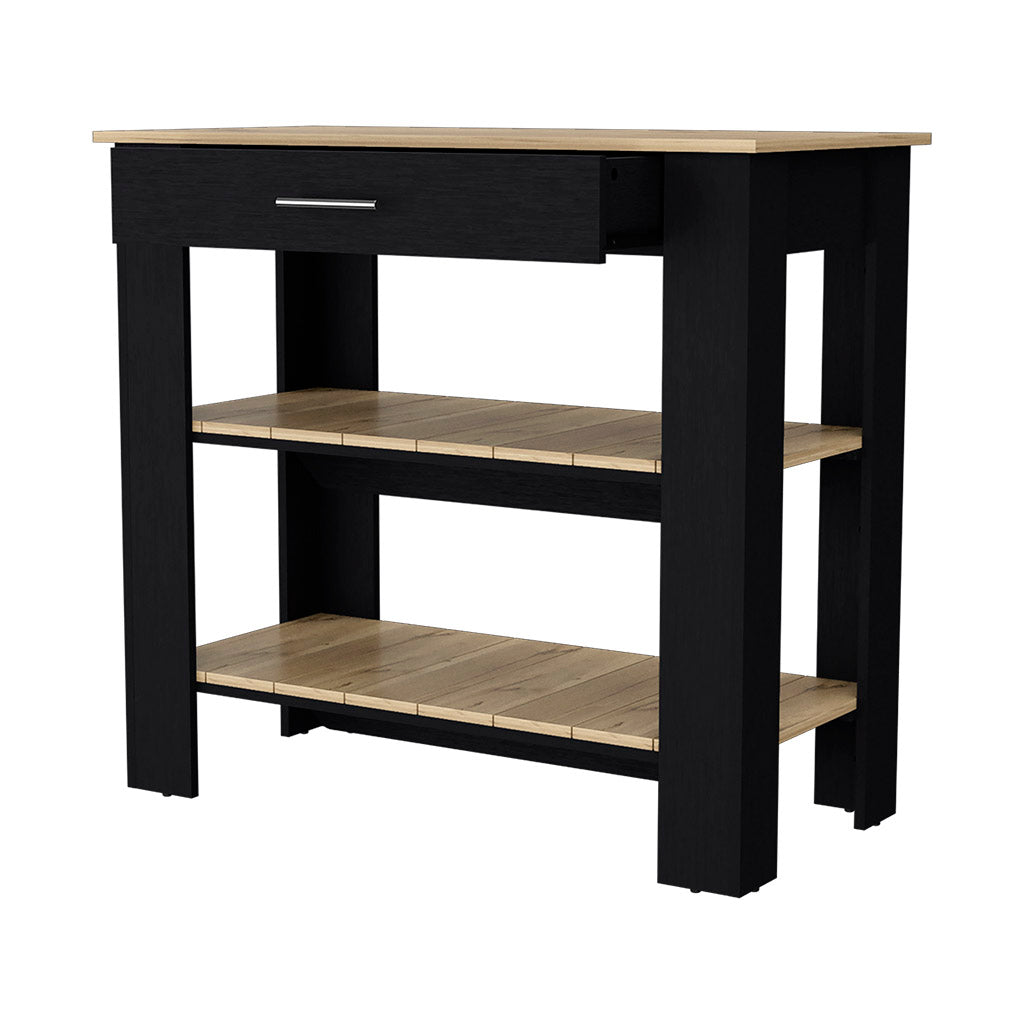 Black and wood kitchen island cart with one drawer and two open shelves