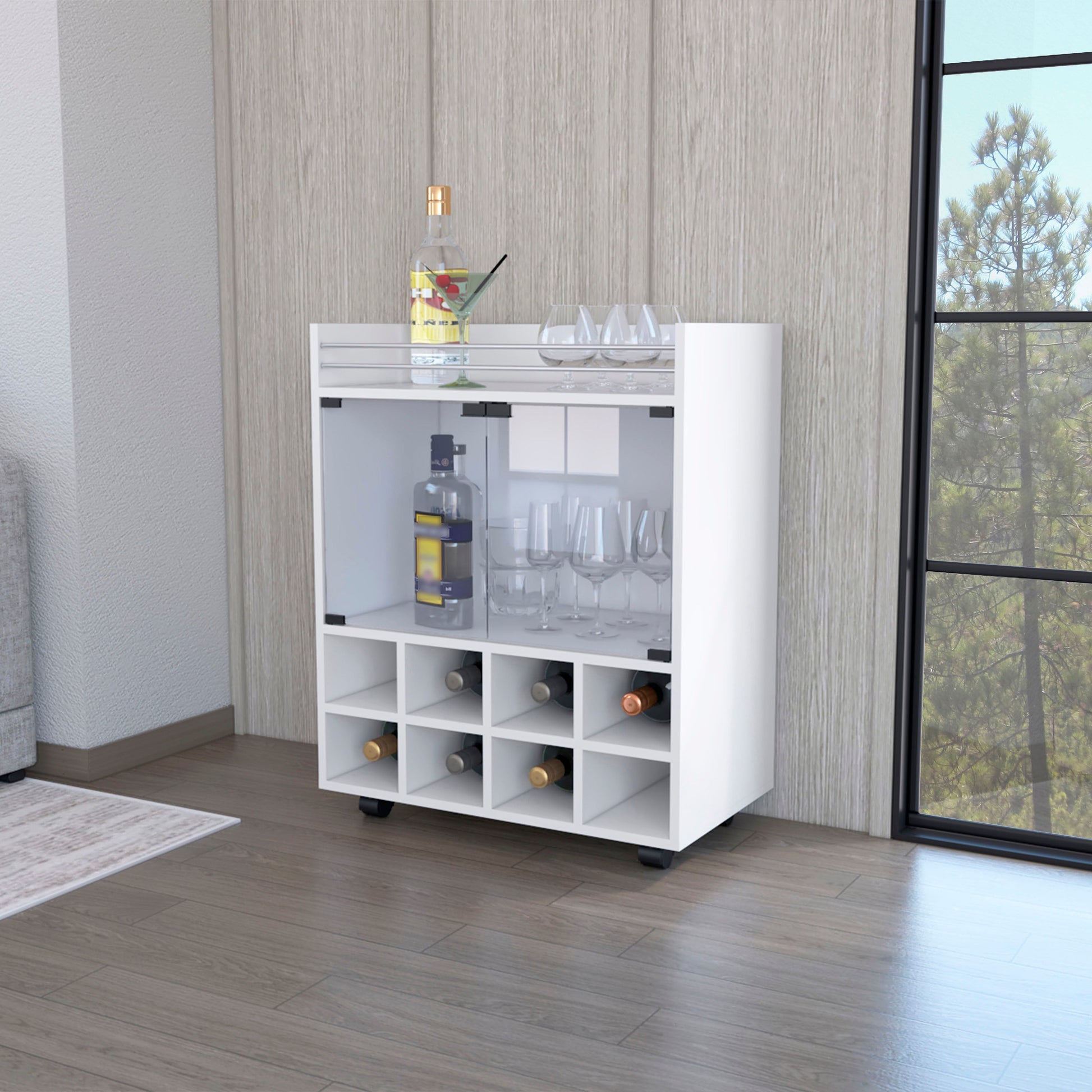 White modern bar cabinet with wine rack and glass storage