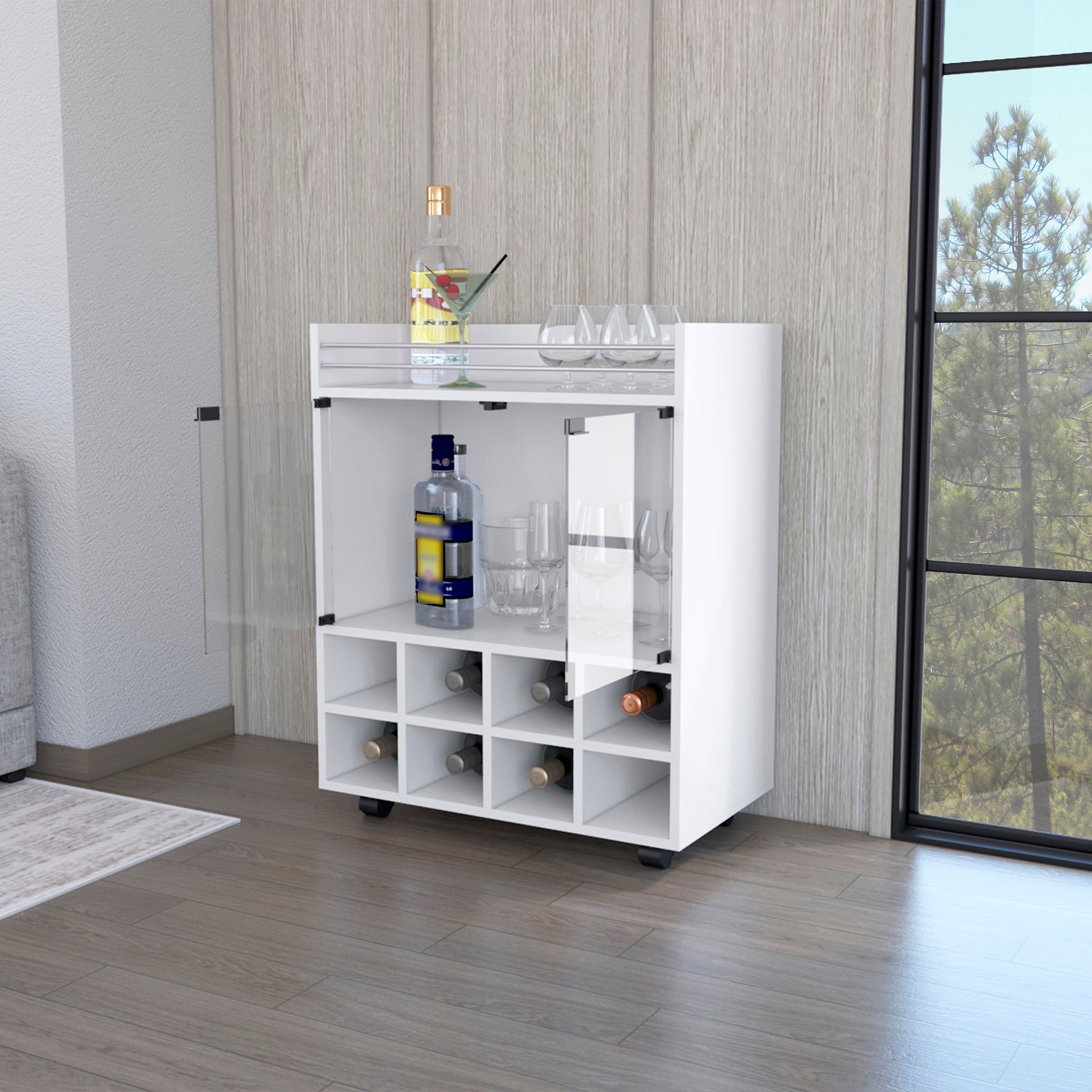 Modern white bar cart with wine rack and glass doors
