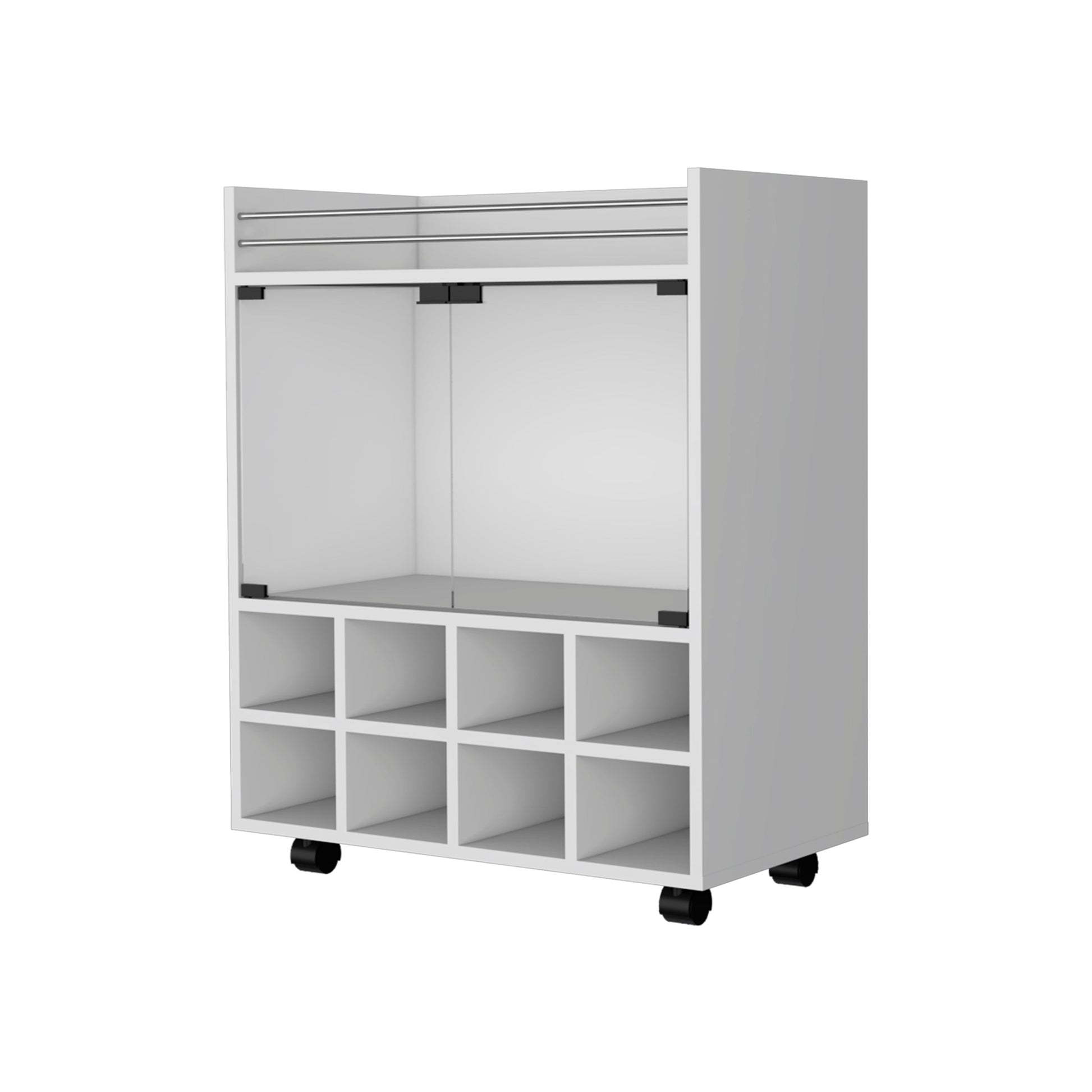White modular storage cabinet with eight cube compartments and a glasstopped shelf