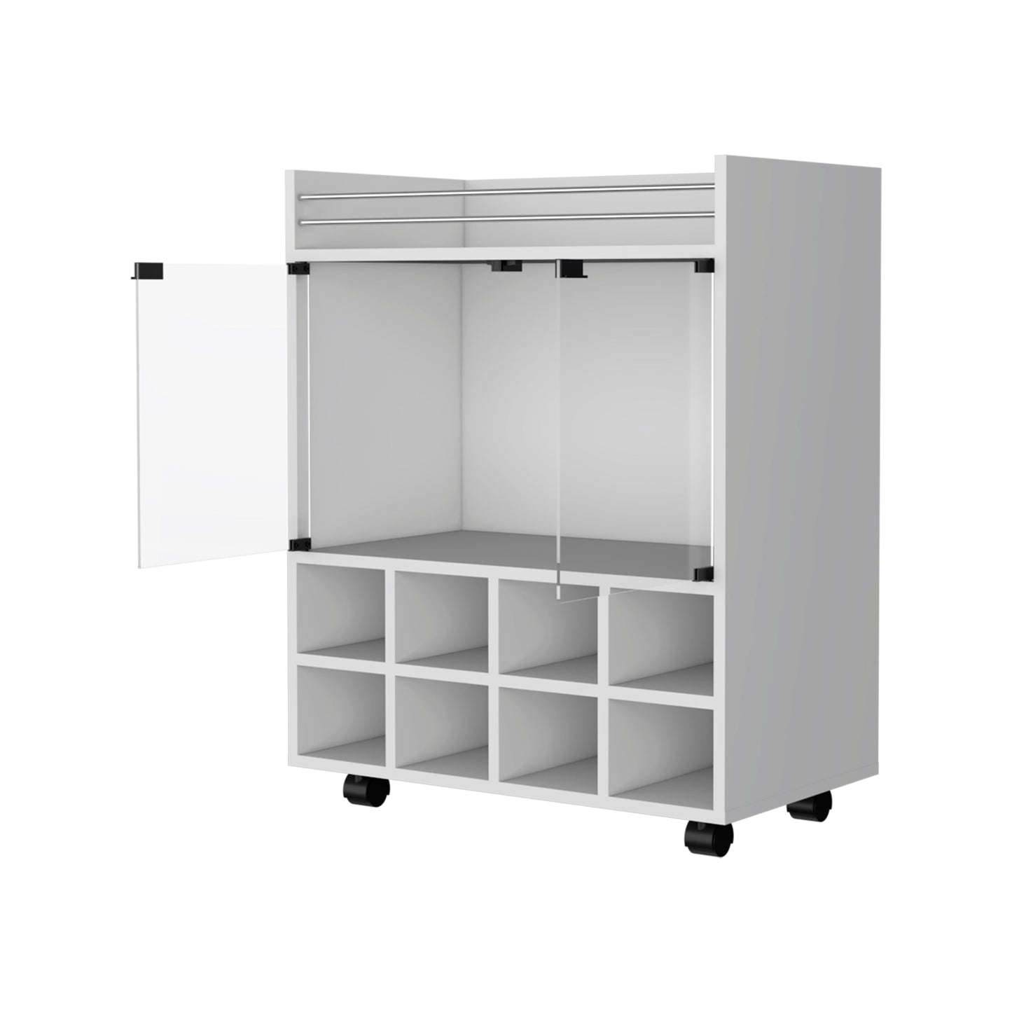 Modern white bar cabinet with glass door and wine cubbies