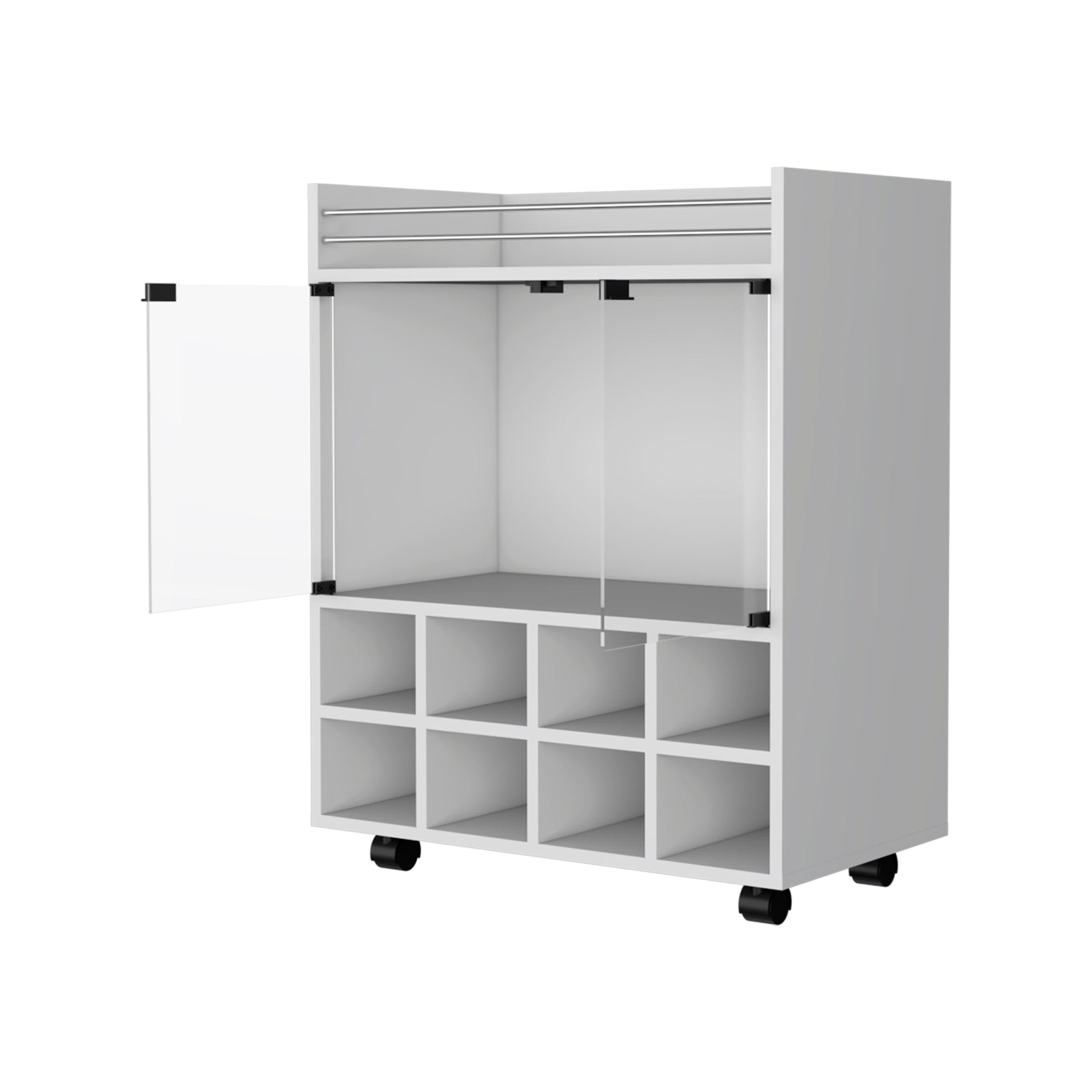 Modern white bar cabinet with glass door and wine cubbies