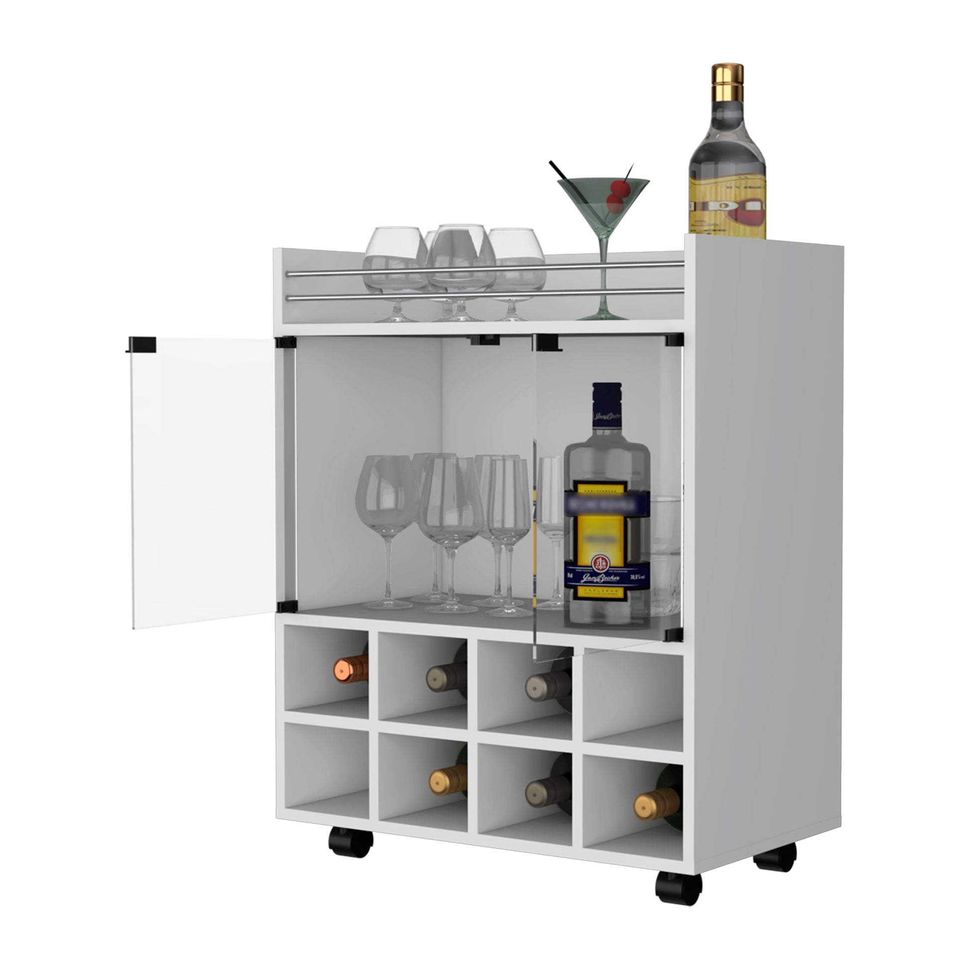 White mobile bar cart with glass door and wine rack storage