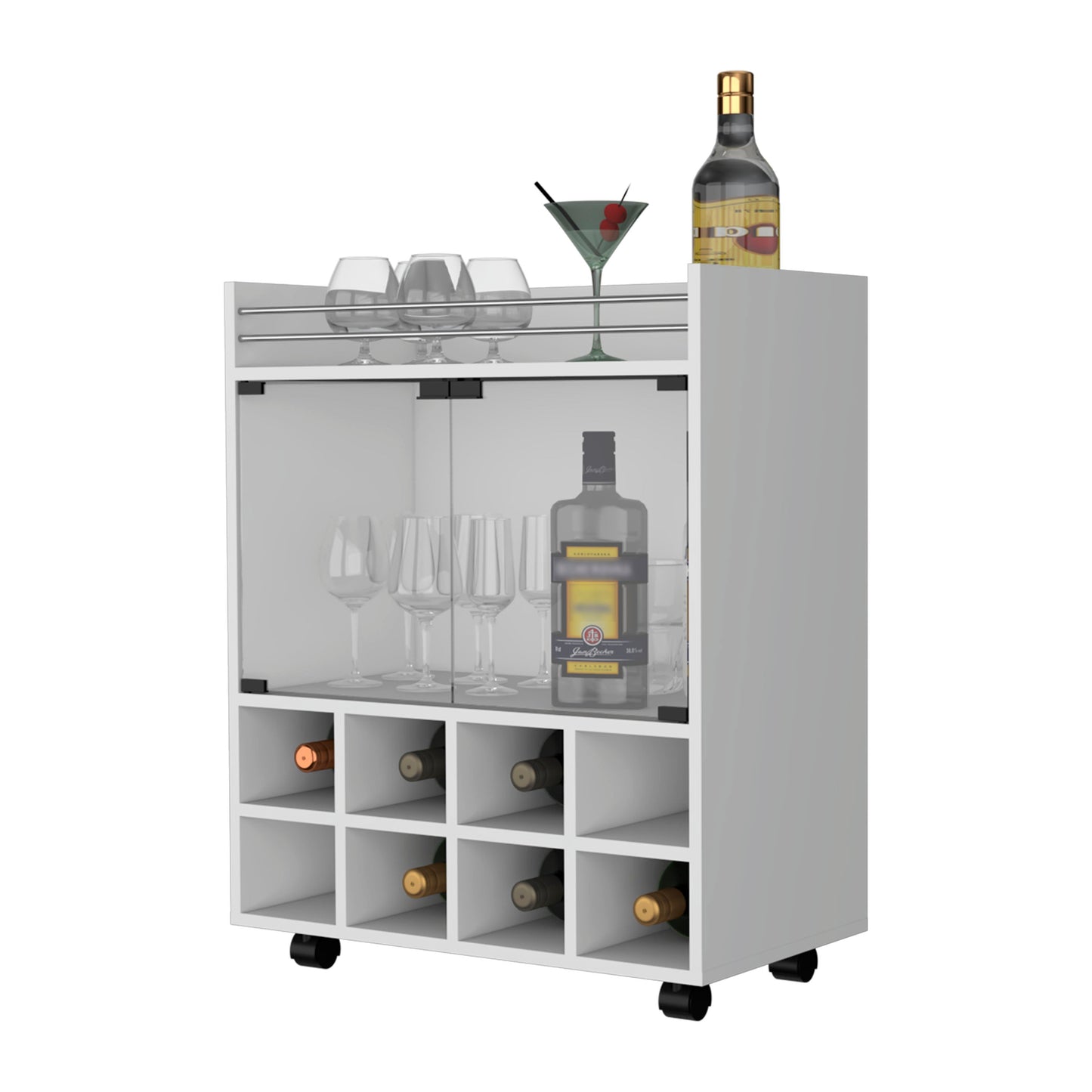 Modern white bar cart with glass doors wine rack and glassware for hosting