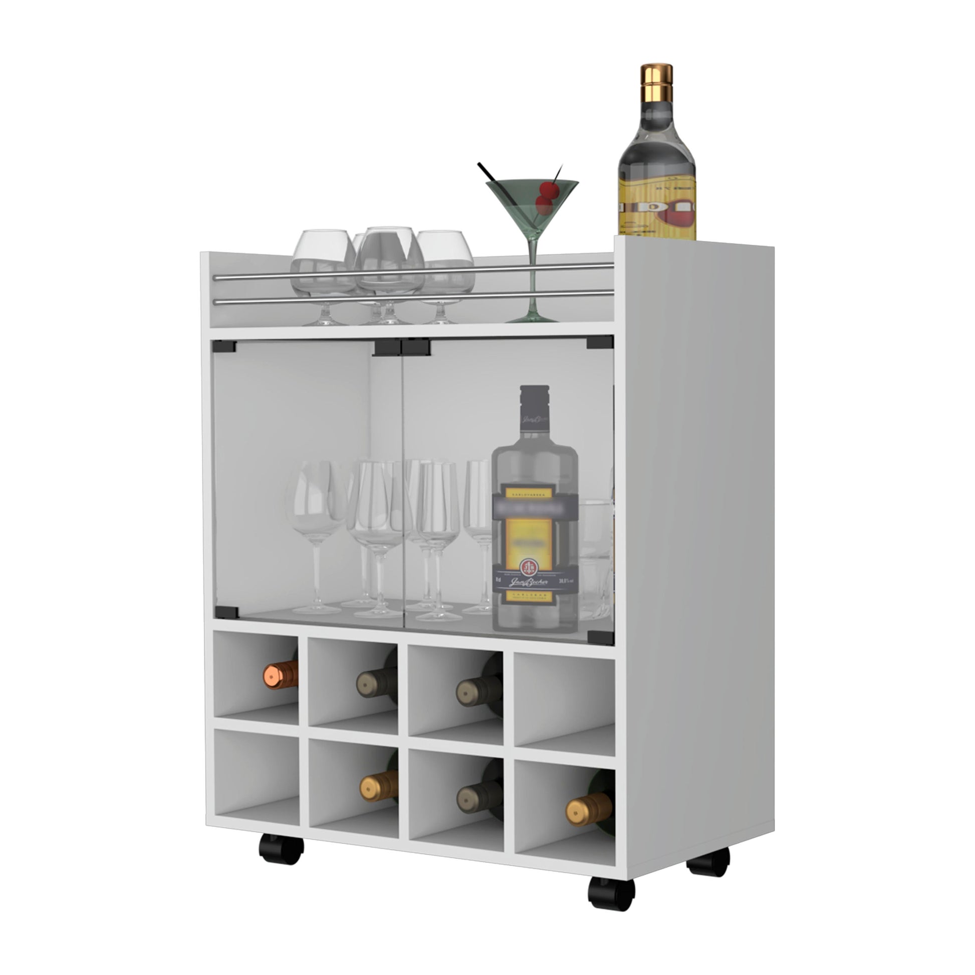 Modern white bar cart with glass doors wine rack and glassware for hosting