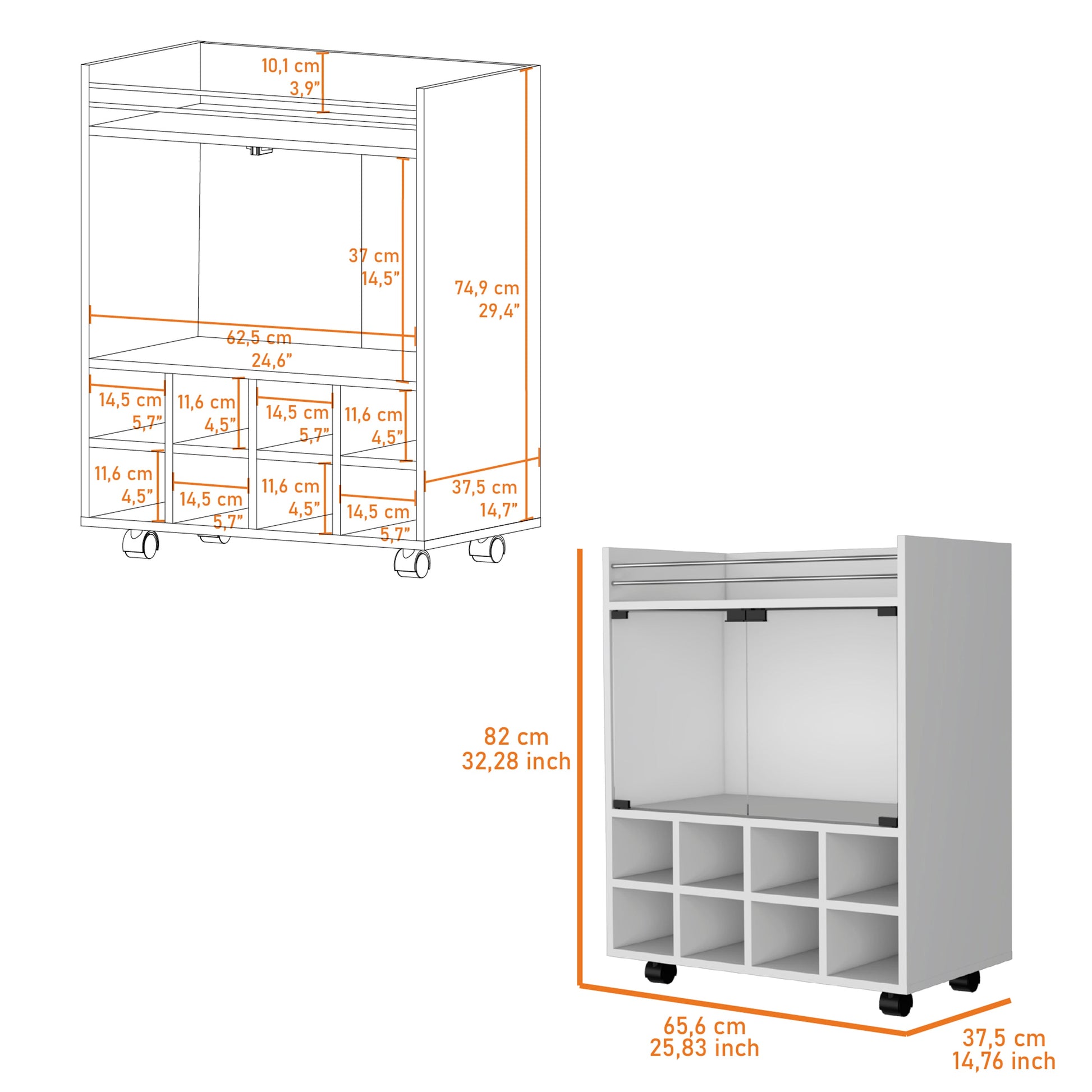 White mobile wine cabinet with  cubby storage compartments