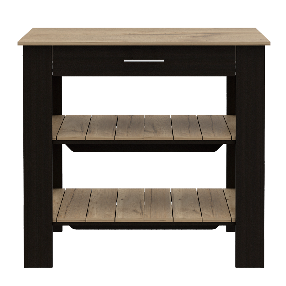 Dark brown kitchen island with two slatted wood shelves and a single drawer
