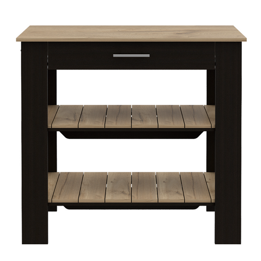 Dark brown kitchen island with two slatted wood shelves and a single drawer