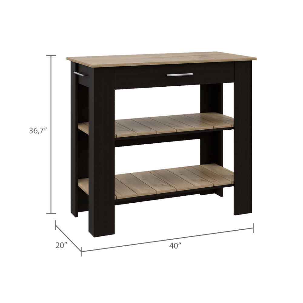 Dark wood kitchen island with two slatted shelves and a single drawer