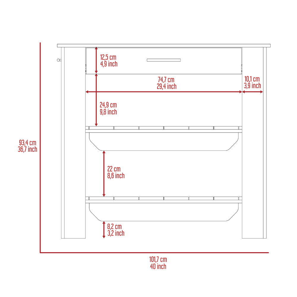 Diagram of a drawer dresser with dimensions