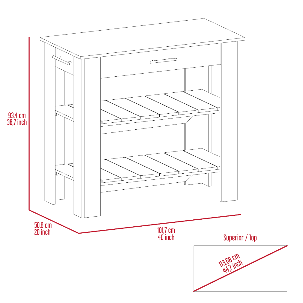Wireframe drawing of a wooden kitchen island with two slatted shelves and a drawer