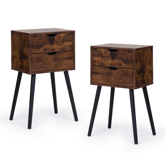 Two rustic brown wood bedside tables with two drawers and tapered black legs
