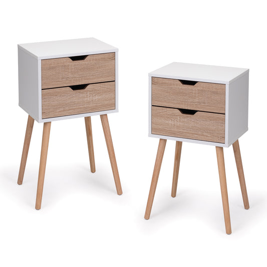 Pair of white and oak nightstands with two drawers and angled legs