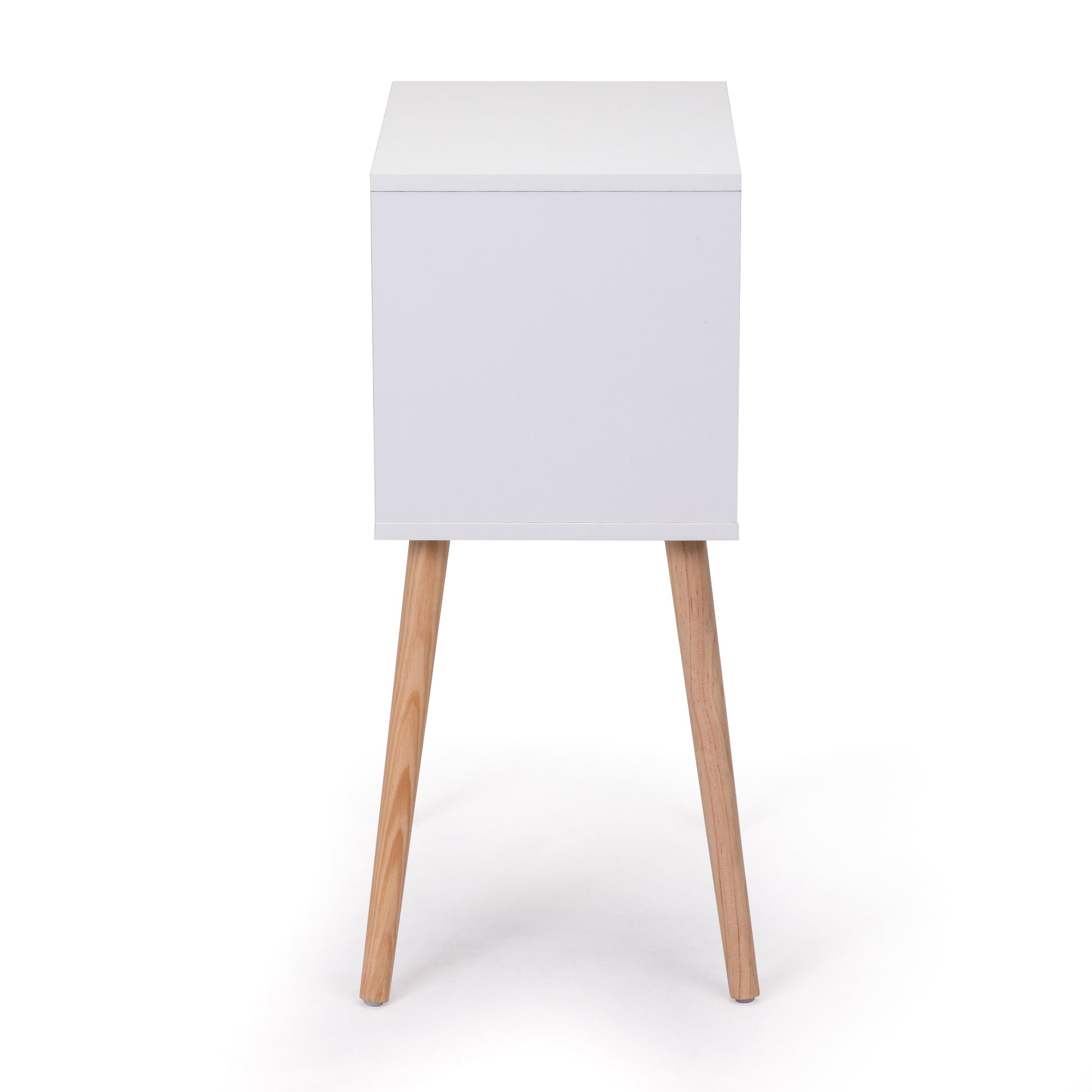 White bedside table with tapered wooden legs modern design