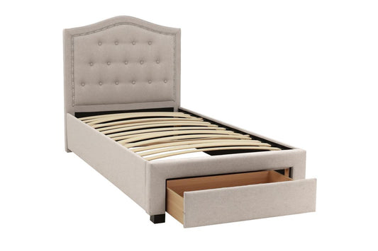 TREATLIFE HOME Twin Size Bed with Drawer, Light Brown Burlap Fabric, Button Tufted Arch Design Headboard and Storage, Modern Style