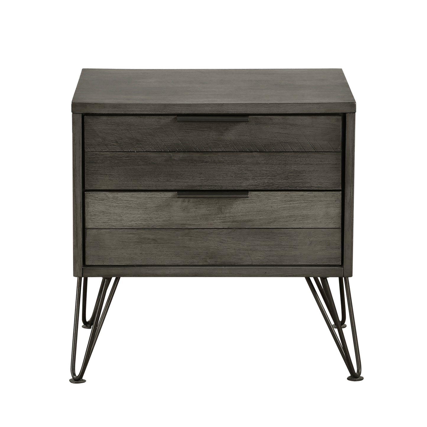 Dark grey wood nightstand with two drawers and hairpin legs