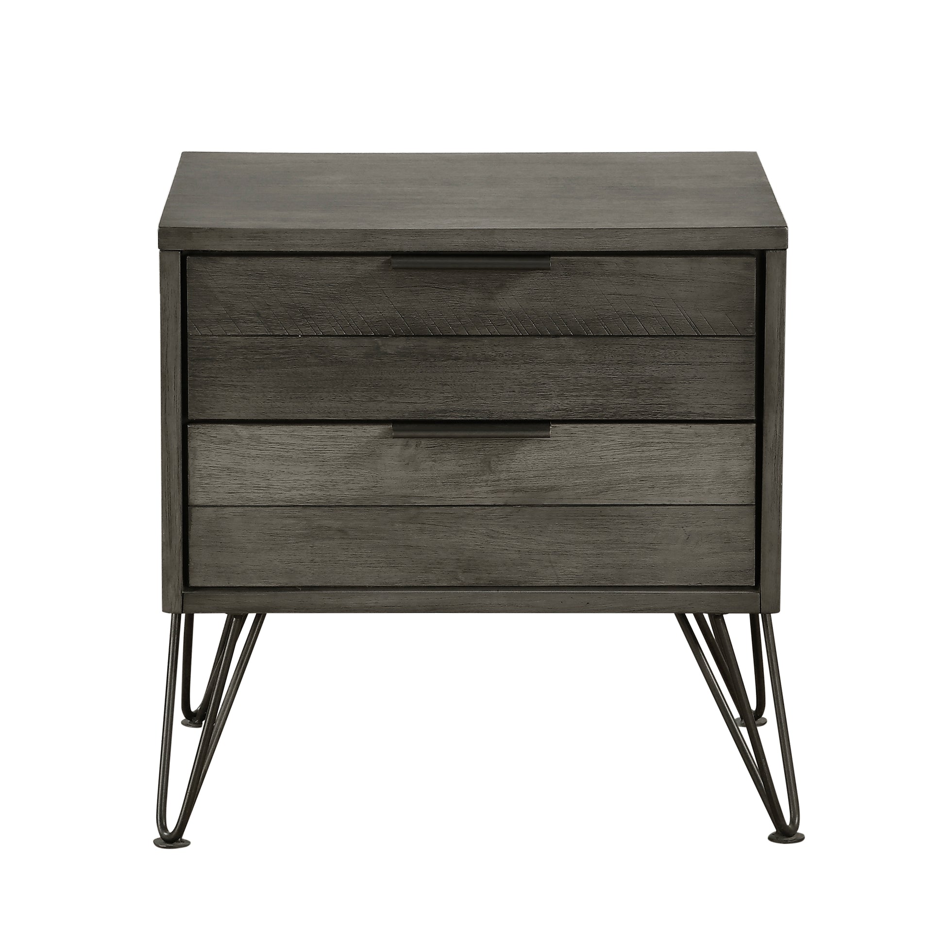 Dark grey wood nightstand with two drawers and hairpin legs