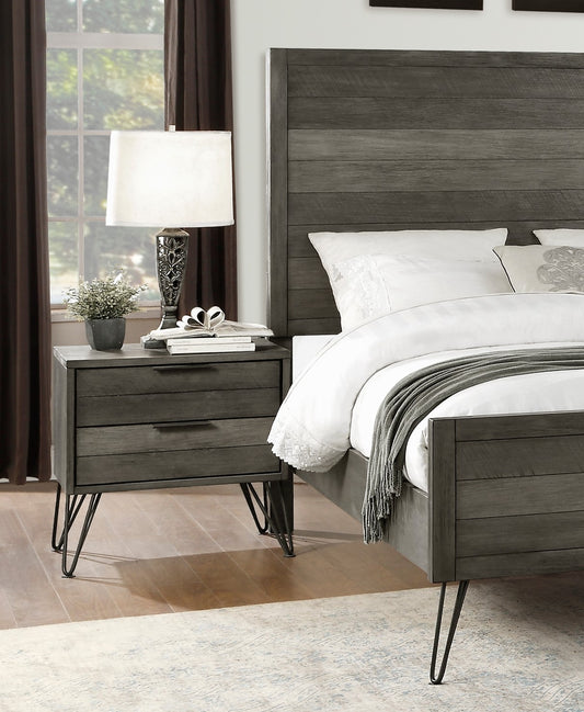 Rustic grey wood nightstand with hairpin legs