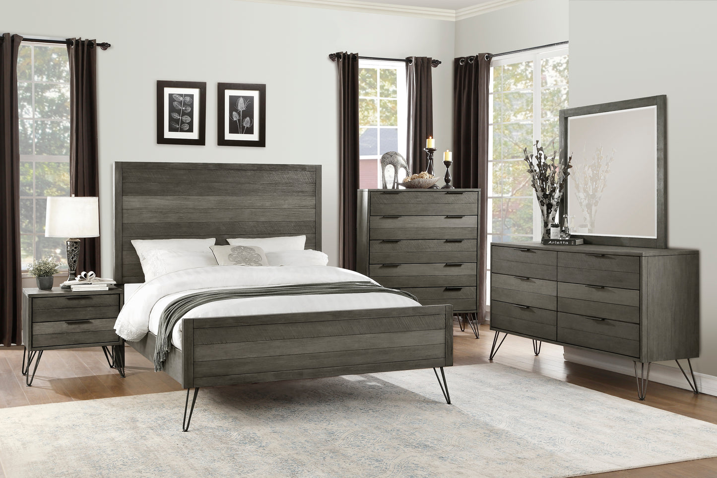 Gray plank king size bed with hairpin legs