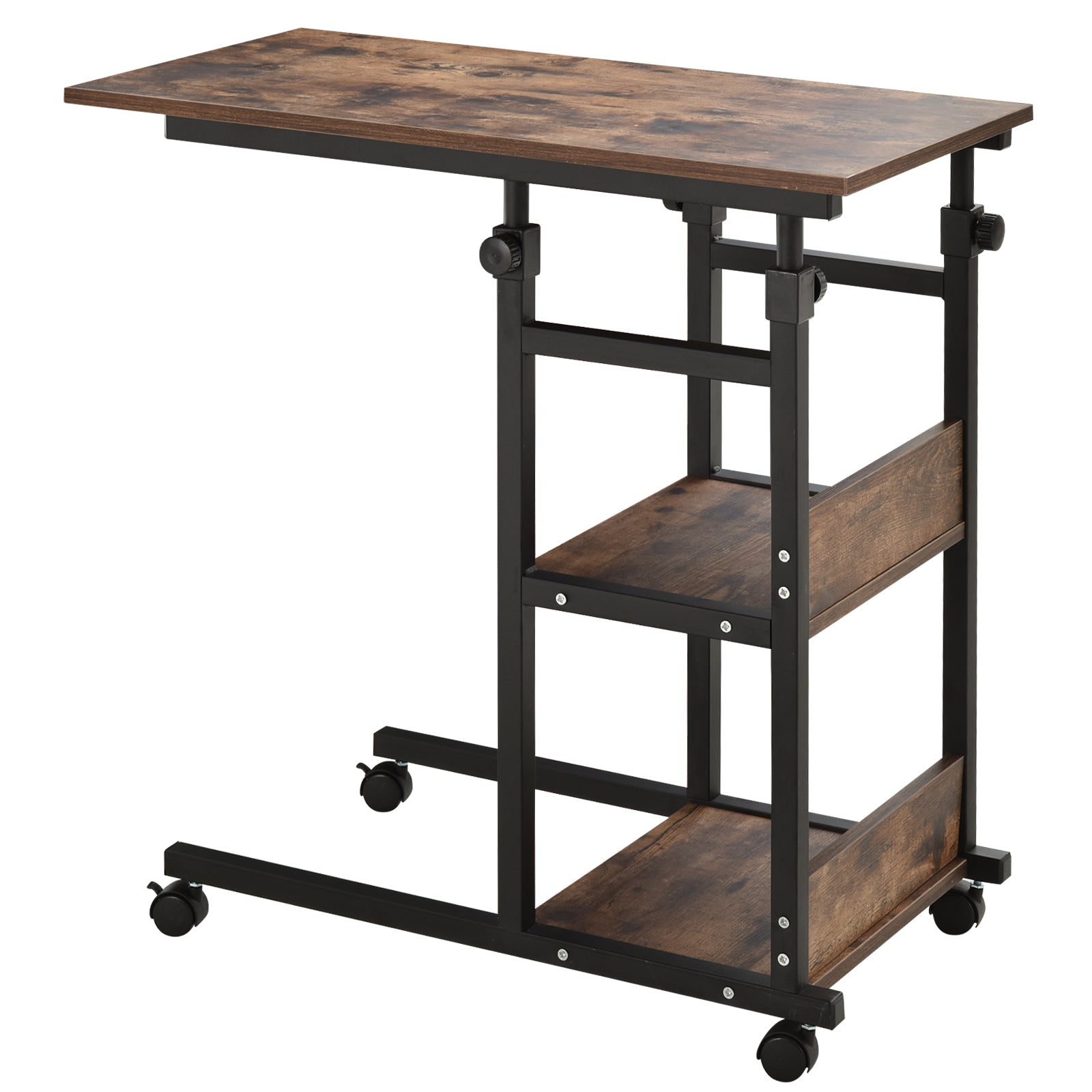 Adjustable height rolling desk with rustic wood finish and black metal frame