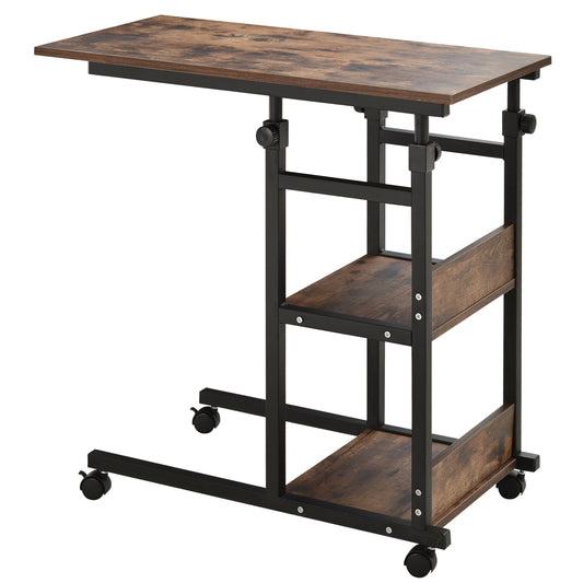 Adjustable height rolling desk with rustic wood finish and black metal frame